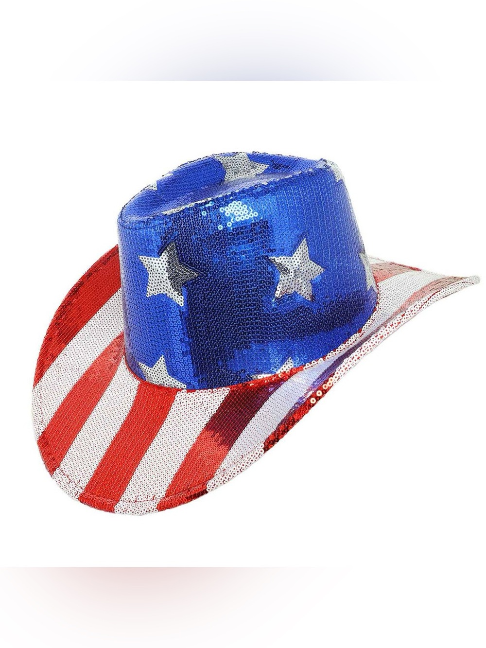 Nu Shuz Red White Blue Silver Sequin Stars & Stripes Patriotic Cowboy Hat
